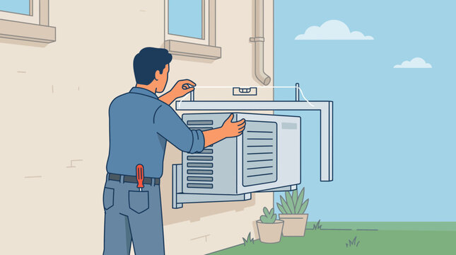 Installation of Wall-Mounted Air Conditioner with Technician Repair or Modern AC Unit Setup in Residential Exterior Space