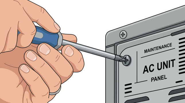 Maintenance ac unit panel or repair illustration of hands using screwdriver on air conditioner control panel