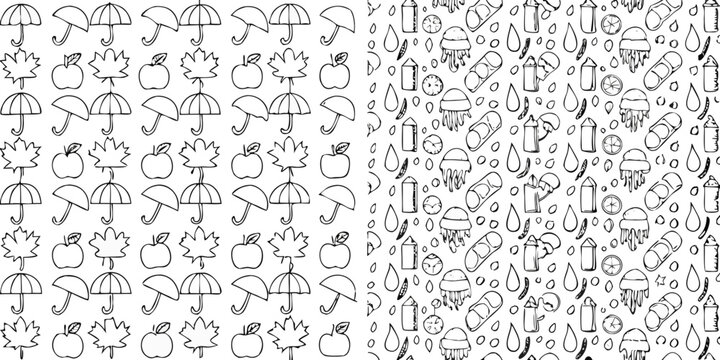 Autumn Doodle Pattern With Maple Leaves Apples And Umbrellas