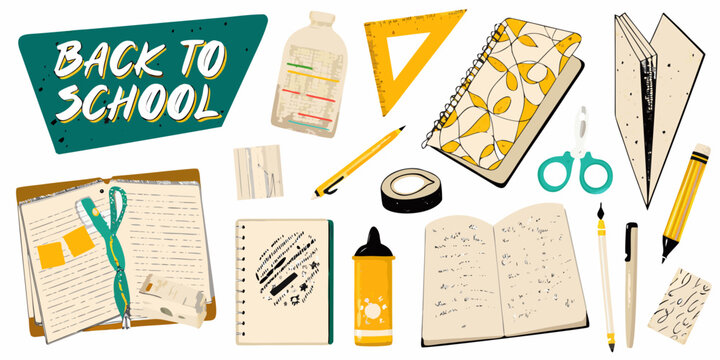 School supplies collection colorful vector illustration on a white background