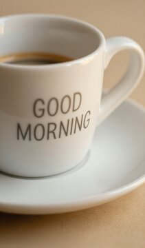 Close Of White Ceramic Coffee Cup With Phrase Good Morning Printed In Bold Capitalized Letters On Side Filled Dark Liquid Presumably