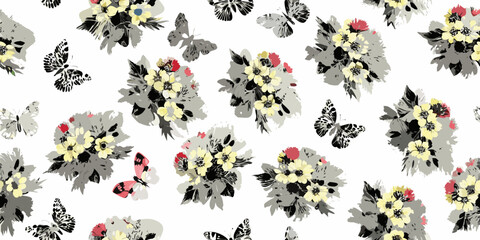 Floral ornament in watercolor style with butterflies on white background © Prince