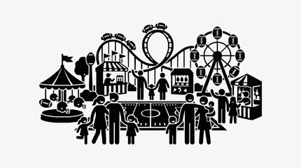 Obraz premium Silhouette of carnival rides and people at a fairground.