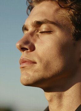 Captures Close Profile Of Individual With Eyes Closed In To Moment Relaxation Contemplation Person Fair Skin Pores Glistening Water