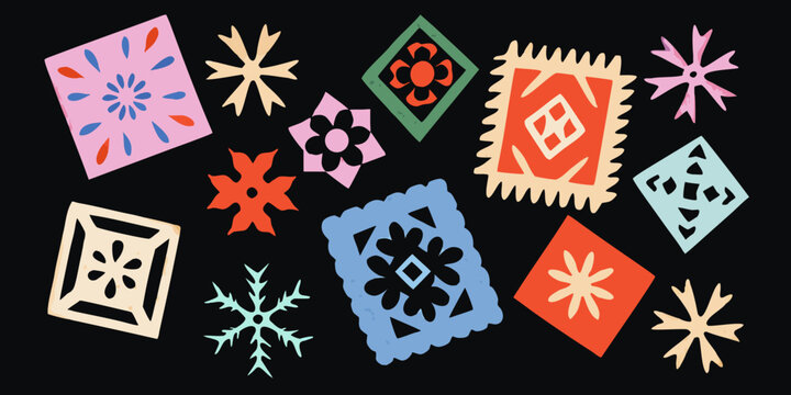 Paper Snowflakes Colorful Craft Collage Elements Against Black Background