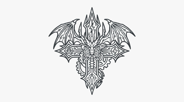 Professional Black and White Cybernetic Demon Wings with Circuitry and Gear Design with high quality professional line art symbols for modern creative design and digital branding projects
