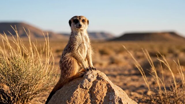 A cautious meerkat stands alert atop a stone in the arid landscapes of the African savanna as the morning sun casts soft golden rays across the dry terrain providing a fascinating wildlife