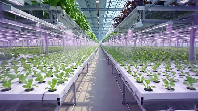 Rows of fresh green lettuce grow inside a modern indoor vertical farm facility
