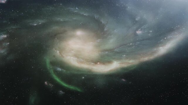 Mesmerizing Cosmic Scene of Massive Spiral Galaxy with Glowing Green Nebula Clouds Swirling Through Stars in Space