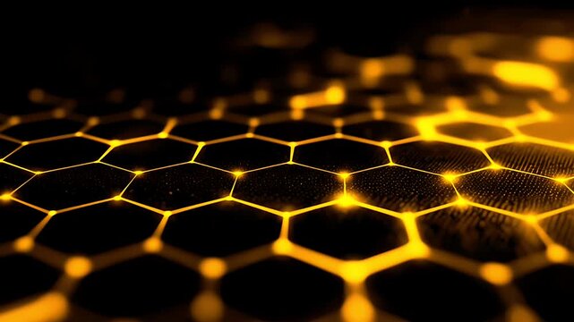 Abstract background with glowing golden honeycomb pattern and connected dots.