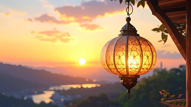 A glowing decorative lantern hangs against a vibrant sunset over a distant valley landscape