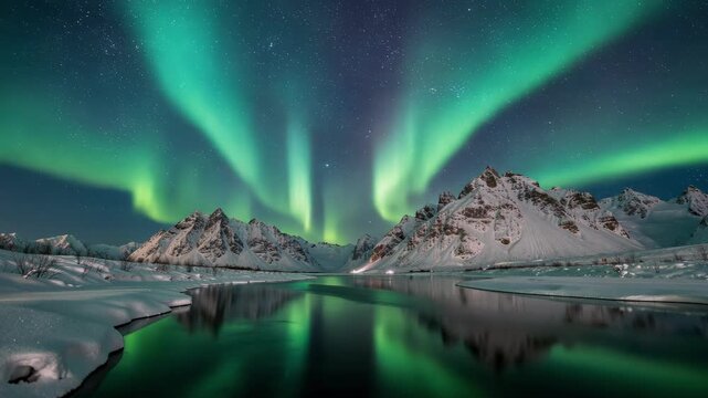 Breathtaking aurora dances across serene night sky above snow covered mountains, reflecting beautifully in calm water below