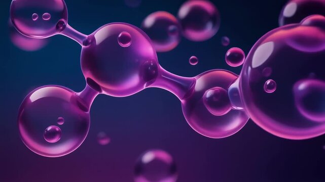 Mesmerizing close up of glowing purple molecular bubbles gently merging and floating in captivating dark background scene