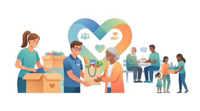 Charity Volunteer Illustration with Donation Box, Helping Hands and Community Support Concept