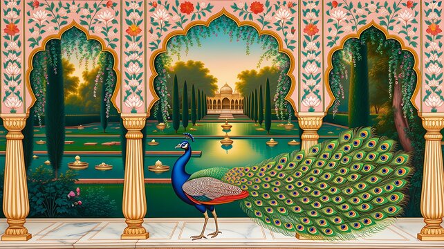 Ornate mughal inspired garden with palace and wildlife in serene setting