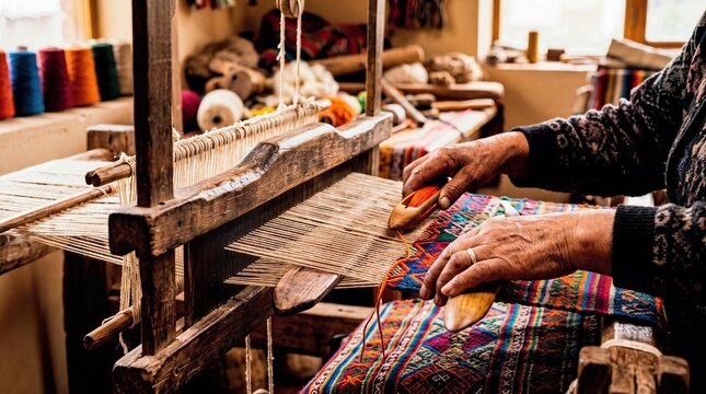 Elderly hands of skilled female artisan operating traditional wooden loom while weaving intricate colorful tapestry pattern inside rustic workshop area.