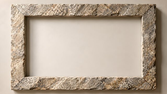 Natural stone frame with realistic granite texture surrounding a clean empty center, earthy colors and soft studio lighting.