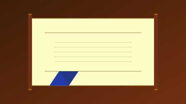 Animated diploma certificate scroll unrolling with red seal and blue ribbon for graduation or academic achievement presentation animation 4k
