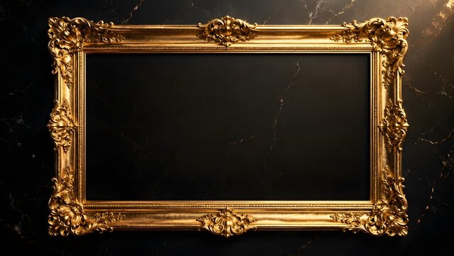 Luxurious gold ornate frame with intricate baroque details on a dark marble background and dramatic lighting, featuring a spacious empty center.