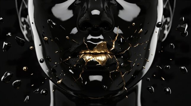 Dark abstract sculpture of a human face with cracked lips and exploding pieces revealing gold details.