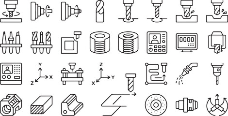 CNC machining icons set, computer numerical control manufacturing, metal milling and lathe drilling tools, industrial engineering components, automated precision hardware, linear monoline vector © Naima