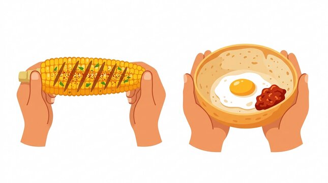 Hands Holding Grilled Corn and Sri Lankan Egg Hoppers Vector Illustration