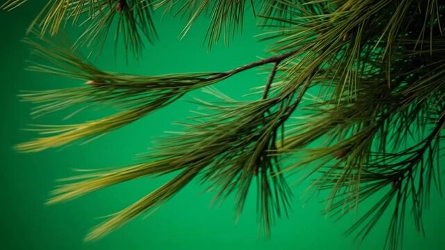 A close up view of a pine tree branch against a solid green background