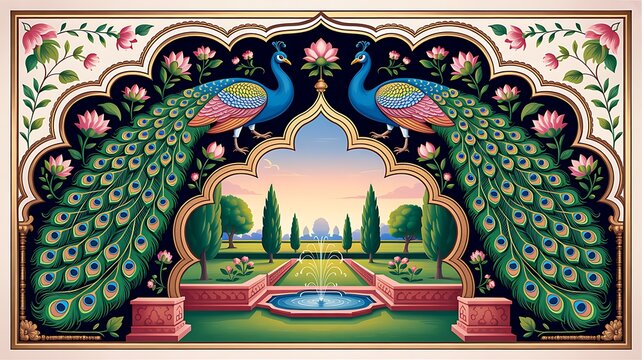 Ornate mughal inspired garden with palace and wildlife in serene setting