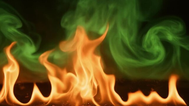 Mesmerizing dance of bright orange flames flickering intensely, merging with vibrant green smoke, creating captivating visual