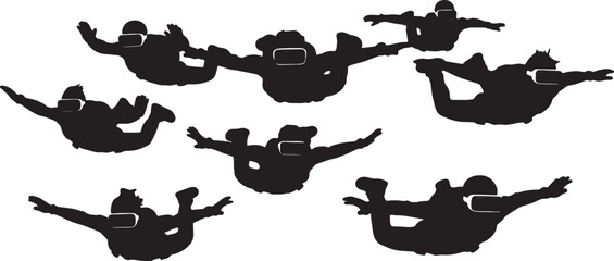 Black Solid VR Skydiving Simulation Experience Silhouettes Set of Six on White Background © Sahileditz
