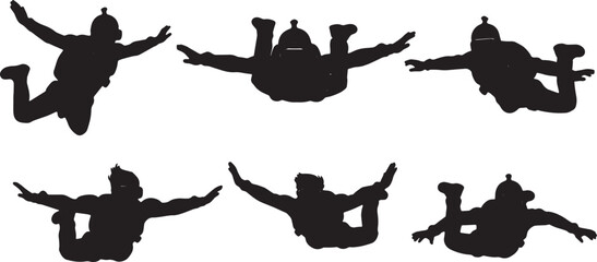 Black Solid VR Skydiving Simulation Experience Silhouettes Set of Six on White Background © Sahileditz