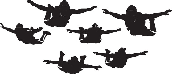 Black Solid VR Skydiving Simulation Experience Silhouettes Set of Six on White Background © Sahileditz