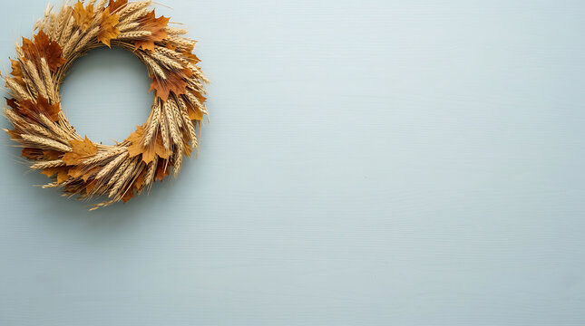 Autumn Maple Leaf Wreath on Soft Blue Background with Elegant Copy Space