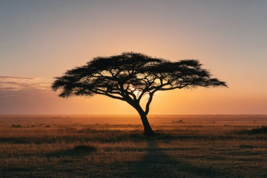 Silhouette of a single tree against an orange and yellow sunset in a vast, grassy savannah