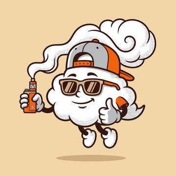 Cartoon cloud mascot vaping with sunglasses and hat.