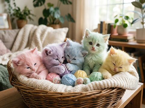 Adorable Colorful Kittens Resting Together with Soft Yarn Balls in Cozy Basket