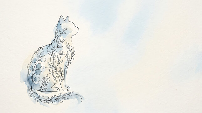 Botanical Cat Silhouette with Wildflower Floral Design Minimal Nature Art Background