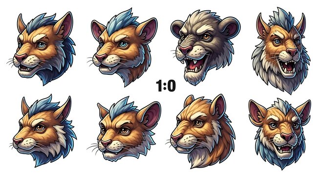 Colorful abstract lion heads digital art collection.