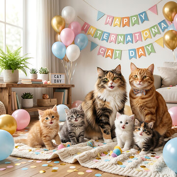 Happy International Cat Day Celebration with Adorable Cat Family and Colorful Party Decorations