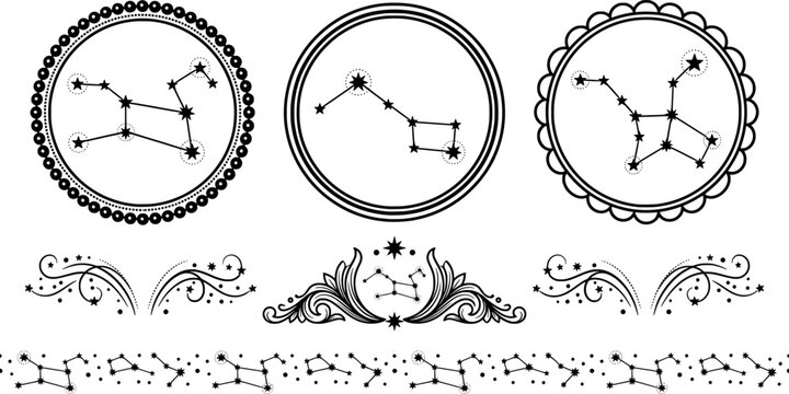 Set of constellation designs in circular frames with decorative flourishes and borders transparent background