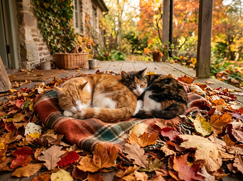 Two Cozy Cats Sleeping Together on Warm Plaid Blanket During Autumn Afternoon