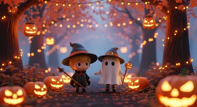 Cute children in Halloween costumes. Kids dressed as witch and ghost in autumn forest.