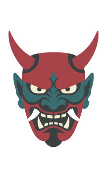 Minimalist icon of a fierce Hannya demon mask with sharp horns and wide fangs in a bold flat design style traditional japanese art concept