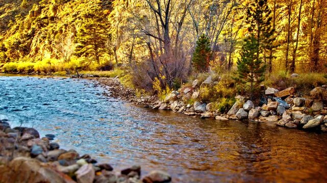 Calm autumn river bordered by golden and orange fall foliage