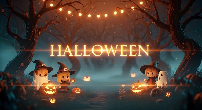 Halloween background with cute characters. Spooky forest scene with glowing pumpkins.