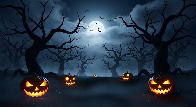 Halloween pumpkin trio glowing in eerie night forest. Spooky carved jack-o-lanterns with flickering candles under full moon.