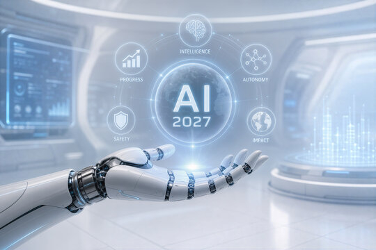 AI 2027 concept robot hand presenting futuristic artificial intelligence interface with autonomy intelligence progress safety impact icons in tech environment