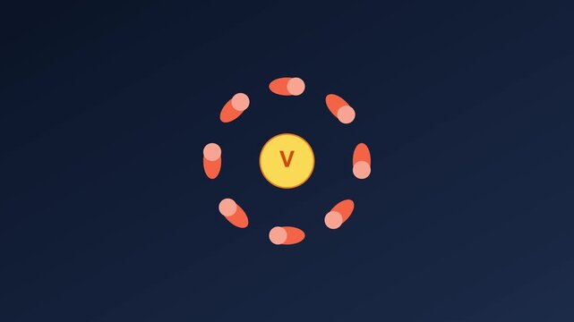 Atomic structure animation with vanadium nucleus and orbiting electrons for science and chemistry education 4k