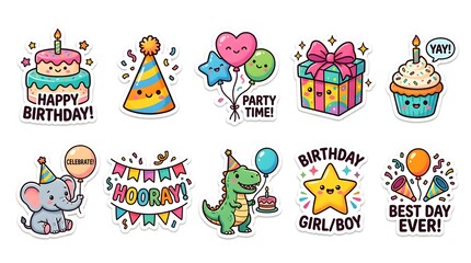 Fototapeta premium Cute Birthday Celebration Sticker Set