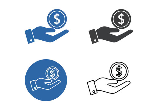 Hand holding dollar coin vector icon set: Clipart, sticker - icon set - Line and glyph solid icon and logo template 